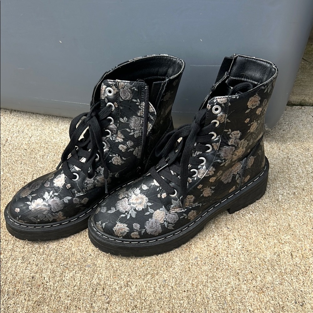 True Craft Black Combat Moto Boots with Metallic Floral Design
